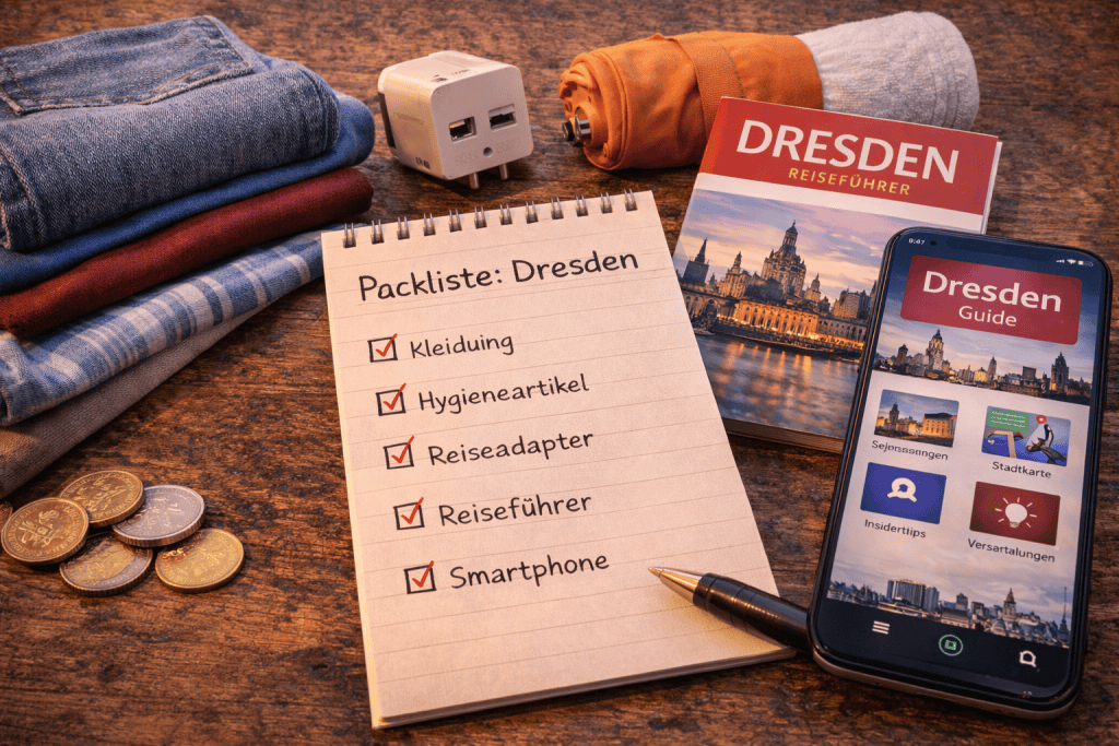 Packliste für Dresden mit Kleidung, Reiseführer und Smartphone
