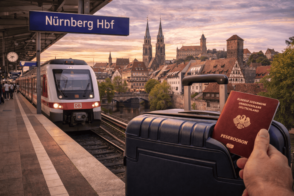 Ankunft in Nürnberg mit Koffer, Hauptbahnhof und Innenstadtblick