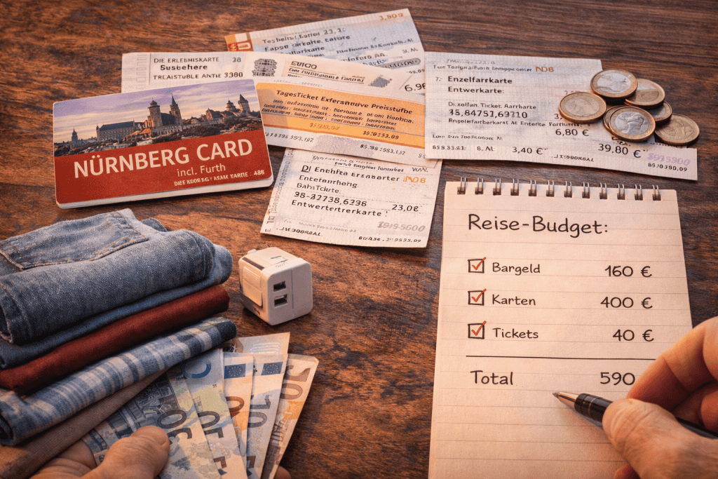 Nürnberg Card, Tickets und Reisebudget auf einem Tisch