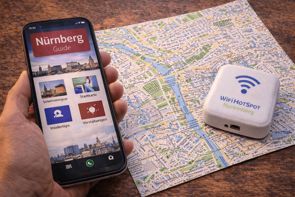Smartphone mit Nürnberg-Guide App, WLAN-Hotspot und Stadtkarte