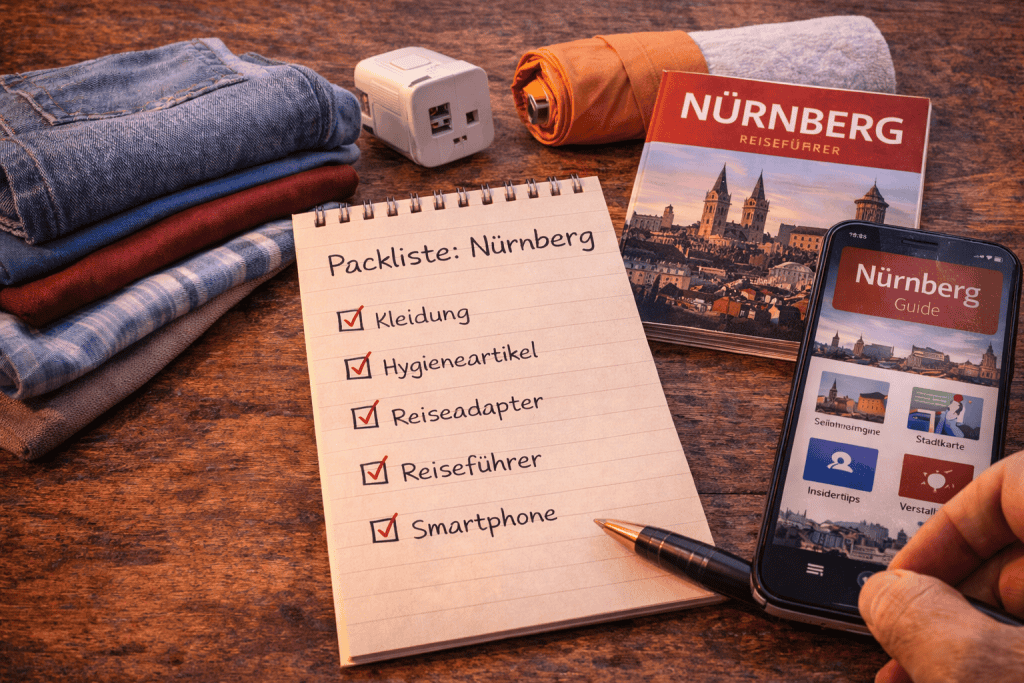 Packliste für Nürnberg mit Kleidung, Reiseführer und Smartphone