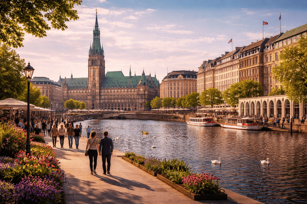 Altstadt Hamburg mit historischen Gebäuden, Alsterblick und Spaziergängern