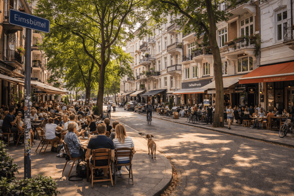 Eimsbüttel Hamburg mit Straßencafés, Bäumen und entspanntem Stadtleben