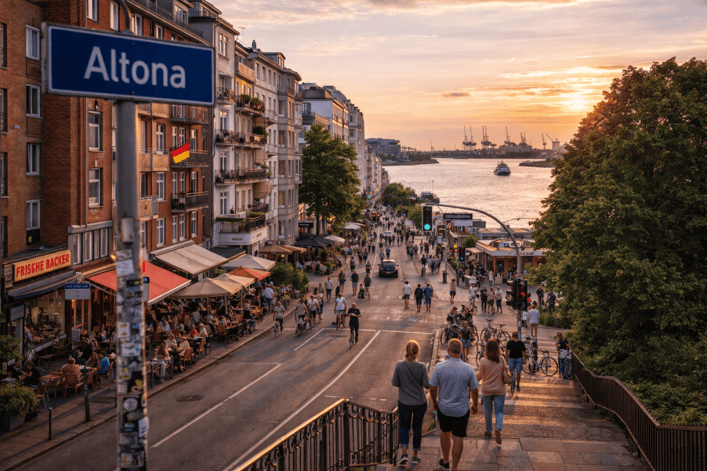 Altona Hamburg mit Blick auf die Elbe, urbanen Straßen und belebtem Viertel