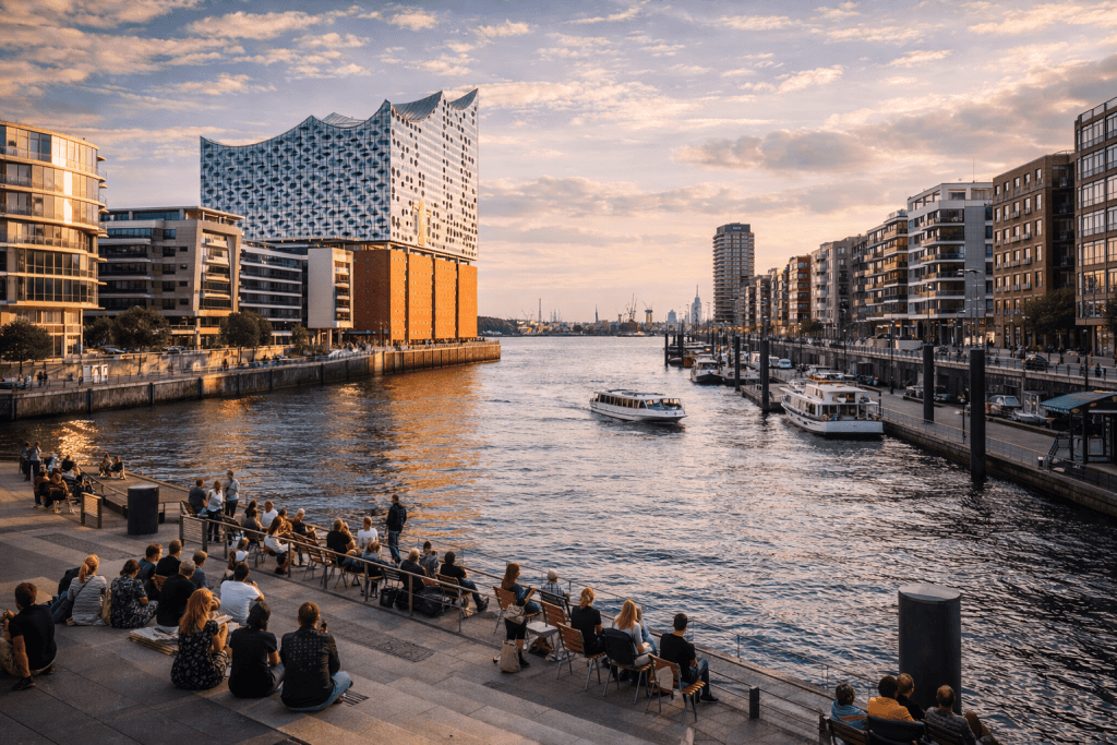 HafenCity Hamburg mit Elbphilharmonie, moderner Architektur und Wasserblick