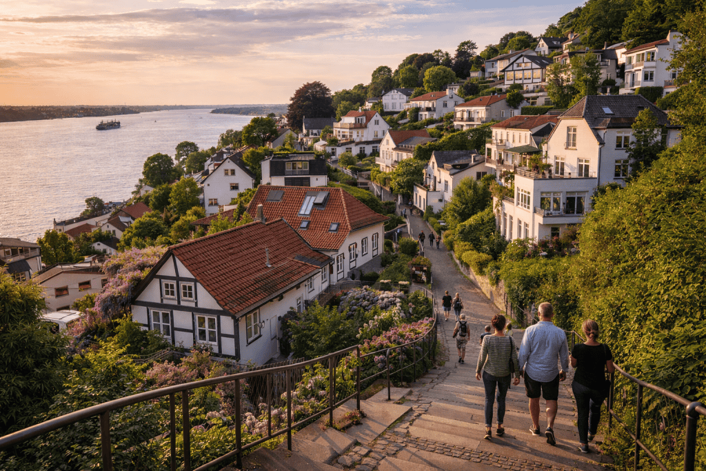 Blankenese Treppenviertel mit Elbblick, Häusern und Spazierwegen