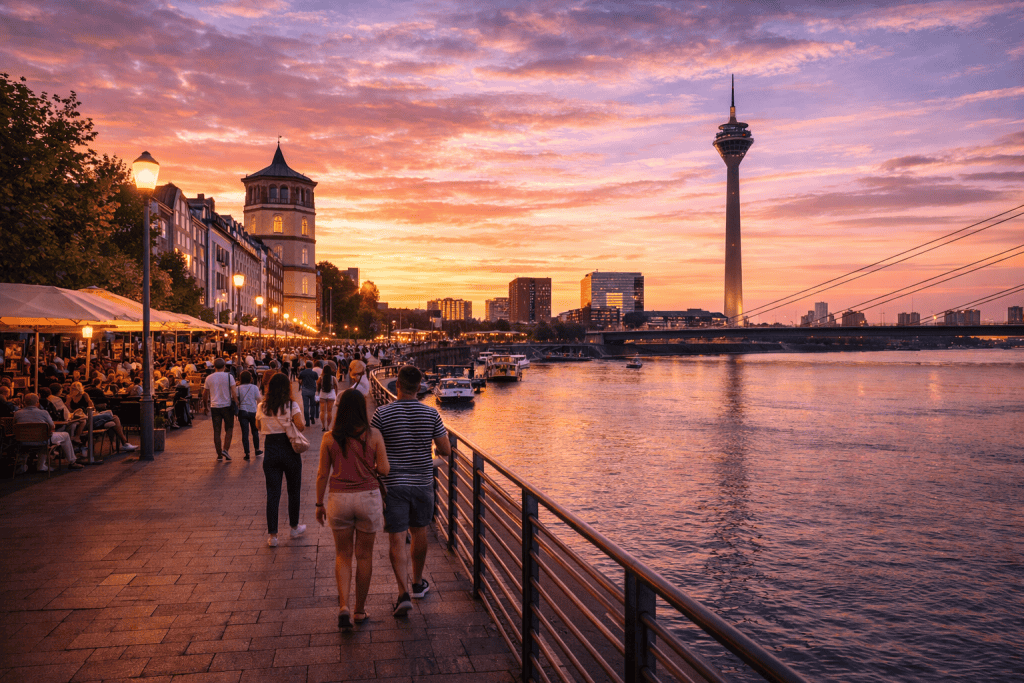 Rheinuferpromenade in Düsseldorf mit Spaziergängern und Blick auf den Rhein