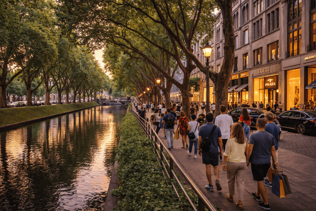 Besucher auf der Königsallee mit Wassergraben, Bäumen und eleganten Geschäften
