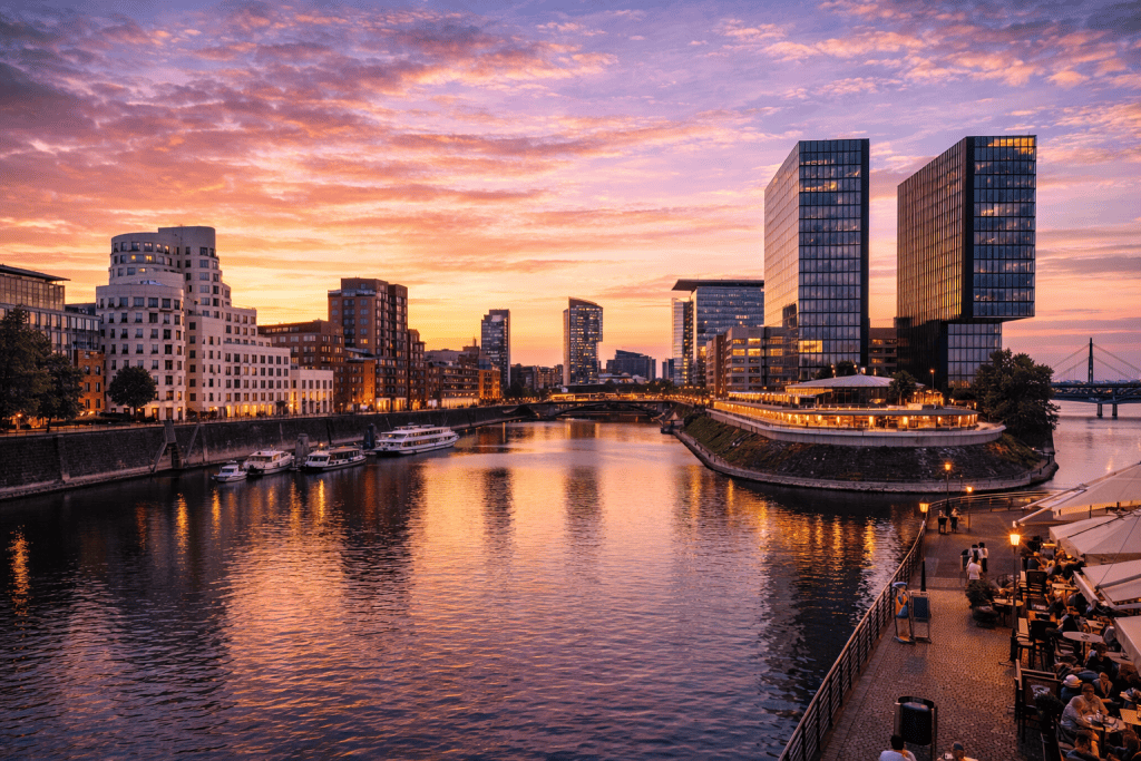 MedienHafen Düsseldorf mit moderner Architektur und Rheinufer