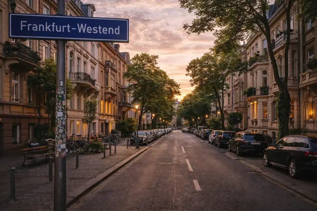 Frankfurt-Westend mit historischen Altbauten, Bäumen und ruhiger Straße