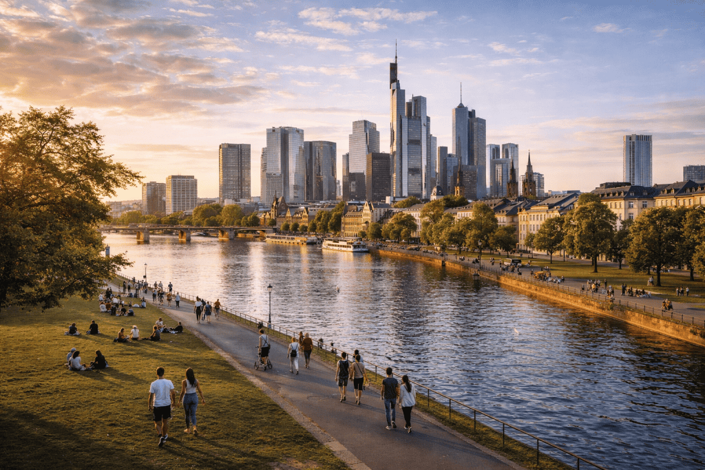 Mainufer in Frankfurt mit Spaziergängern, Grünflächen und Skyline