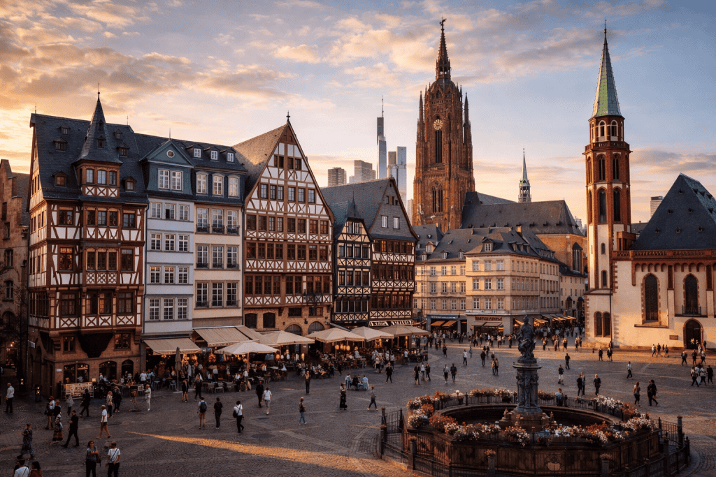 Römerberg in Frankfurt mit Fachwerkhäusern und historischer Kulisse