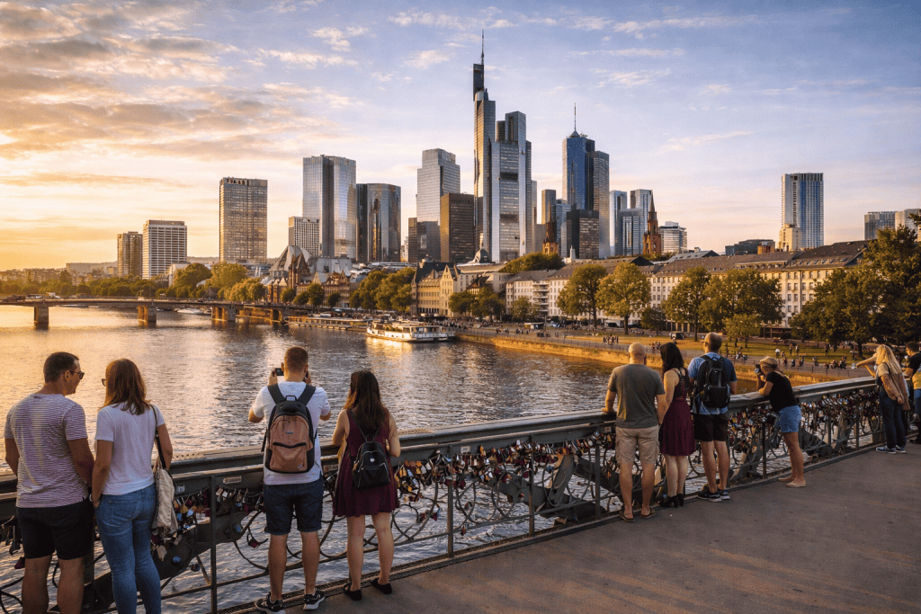 Besucher auf dem Eisernen Steg mit Blick auf die Frankfurter Skyline