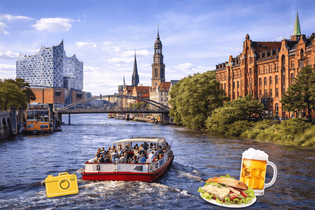 Hamburg Skyline mit Hafen, Elbe und Elbphilharmonie bei Tageslicht