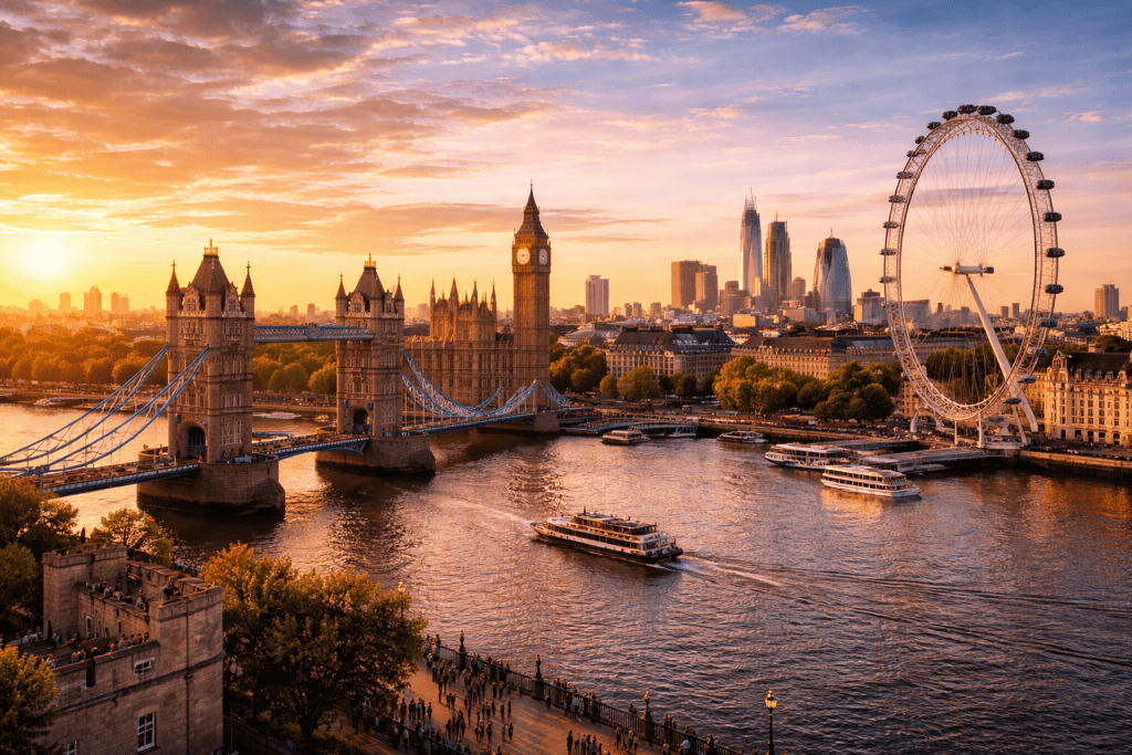 London Skyline mit Themse, Westminster und moderner Stadtsilhouette bei Sonnenuntergang