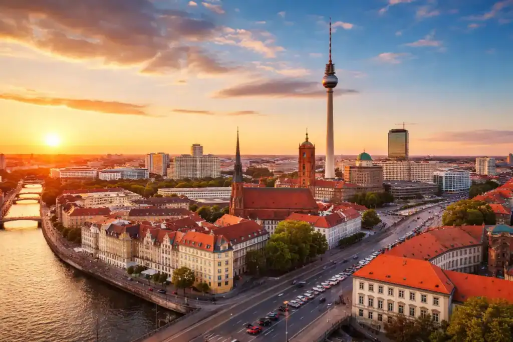 Panorama einer deutschen Großstadt bei Sonnenuntergang als Symbol für Städtereisen und Reiseplanung mit NB Kompass