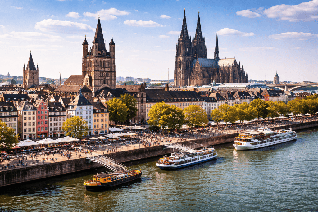 Kölner Altstadt mit historischen Gebäuden und Rheinblick