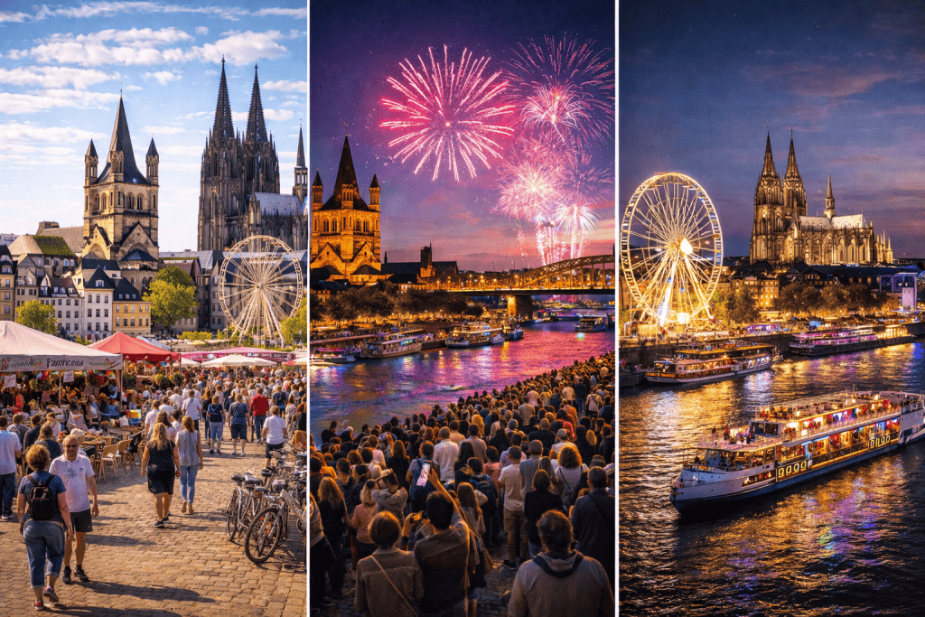 Altstadt Köln mit bunten Häusern, Cafés und Blick auf den Rhein