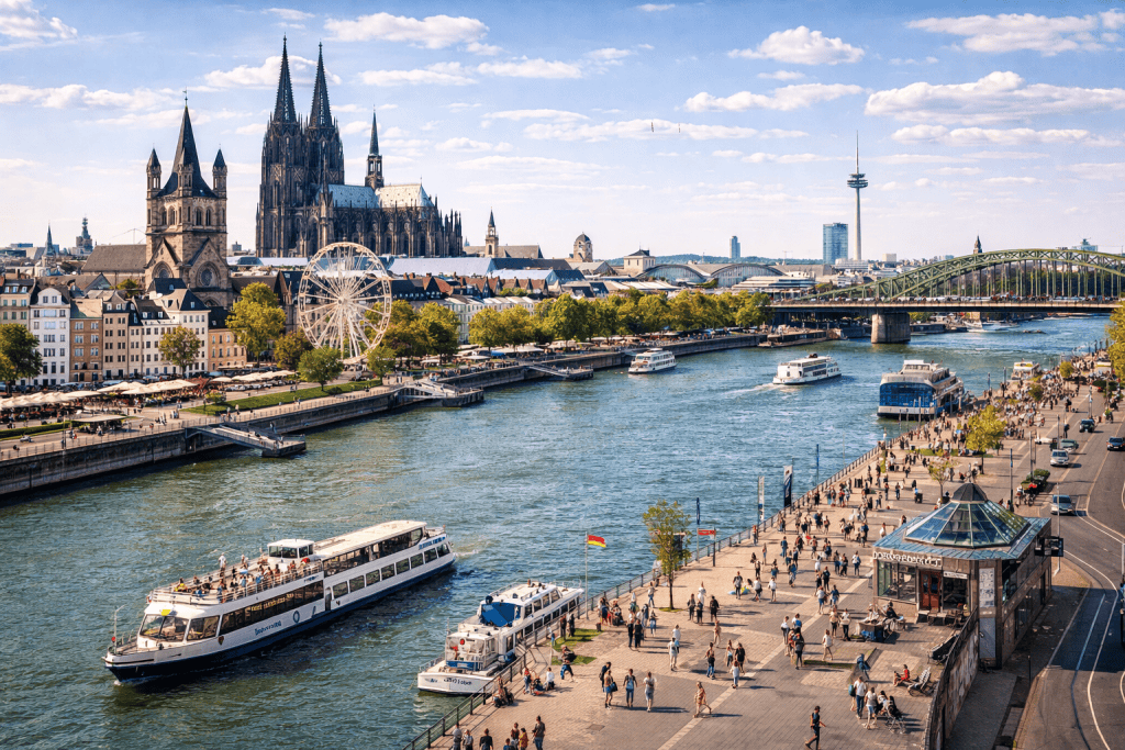 Kölner Dom und Domplatte mit Besuchern und historischer Kulisse
