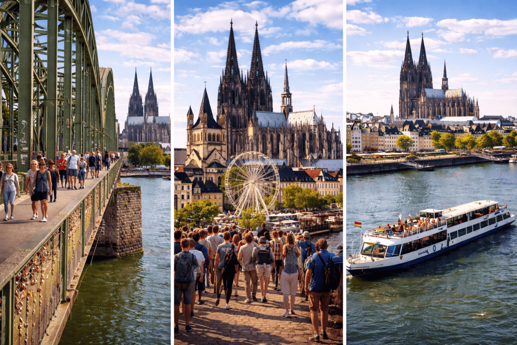 Besucher spazieren über die Hohenzollernbrücke mit Blick auf den Kölner Dom