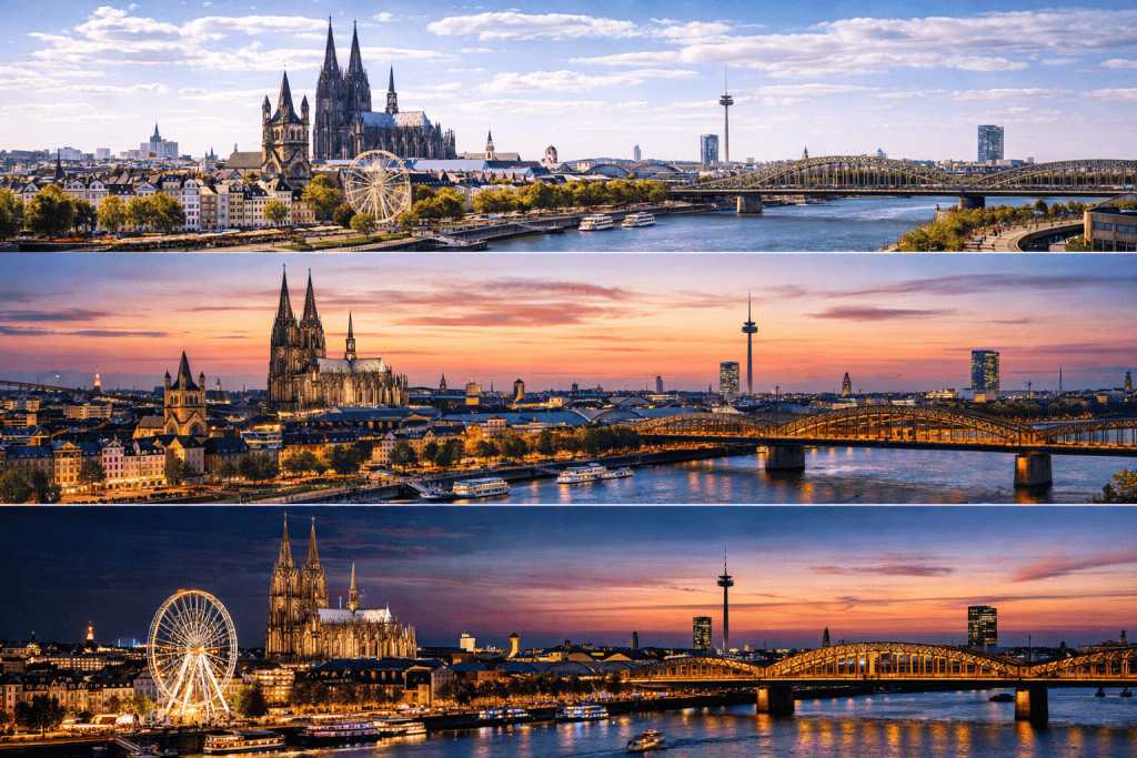 Rheinpromenade in Köln mit Blick auf Altstadt und Hohenzollernbrücke