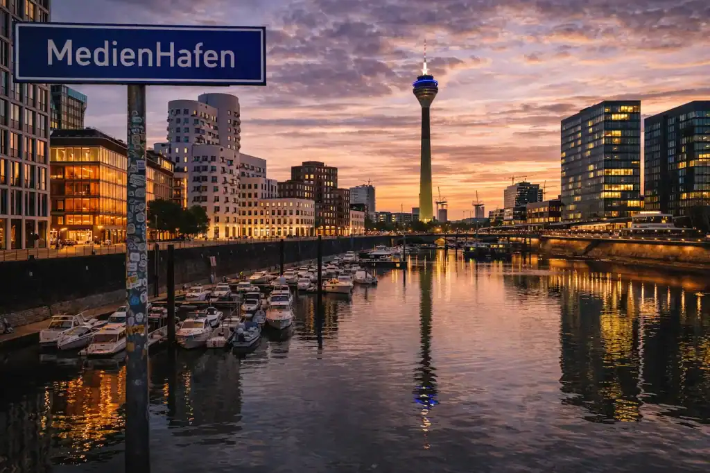 MedienHafen Düsseldorf mit moderner Architektur, Hafenbecken und Skyline