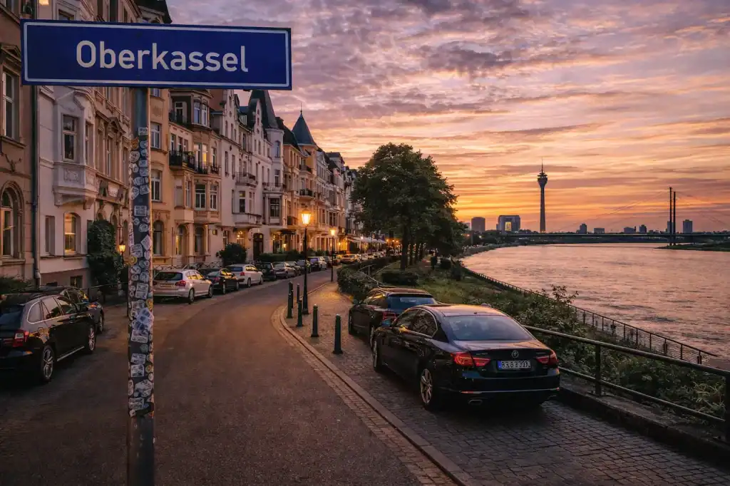 Oberkassel Düsseldorf mit Jugendstilhäusern, Rheinblick und ruhiger Straße
