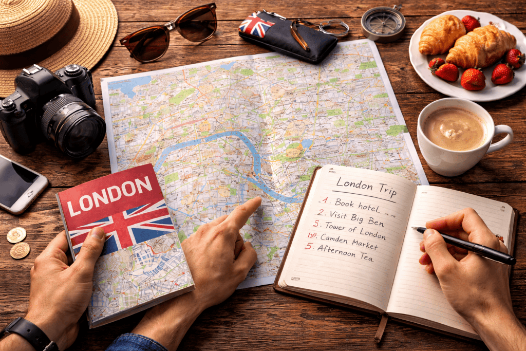 London-Reiseplanung mit Stadtplan, Notizbuch, Kamera und Kaffee auf einem Tisch