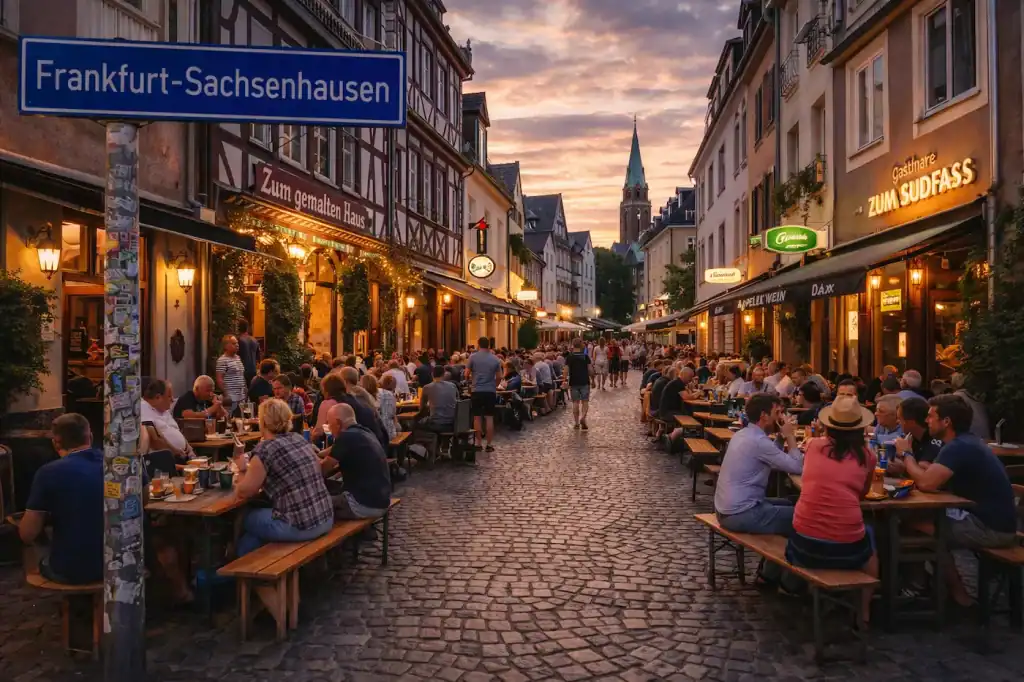 Frankfurt-Sachsenhausen mit Apfelweinlokalen, Kopfsteinpflaster und Altstadtatmosphäre