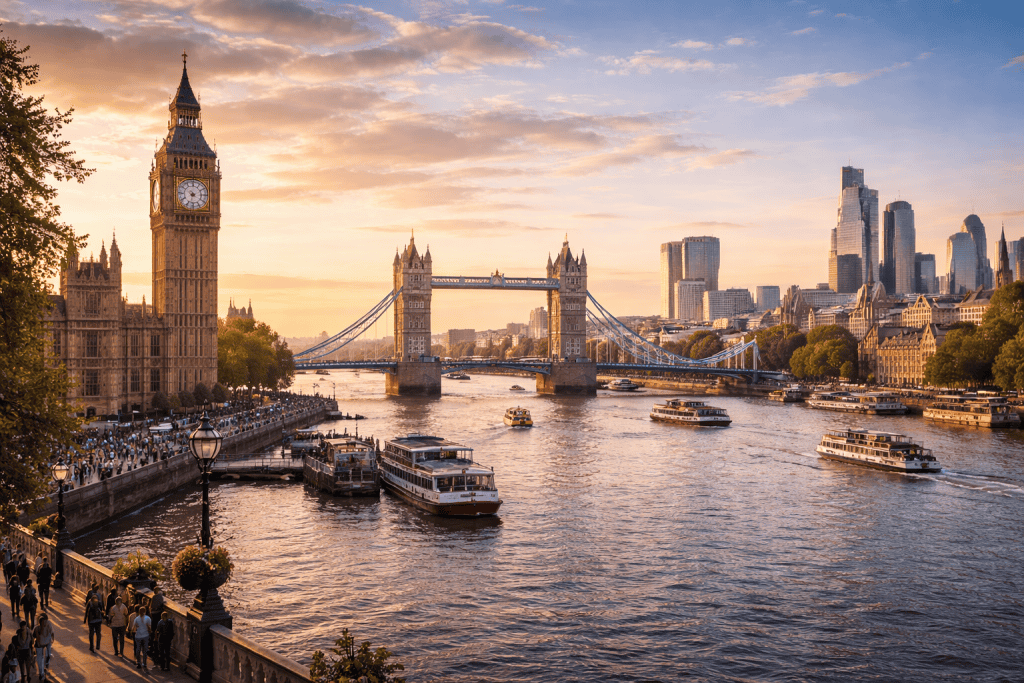 Panoramablick auf London mit Themse, Skyline und bekannten Sehenswürdigkeiten