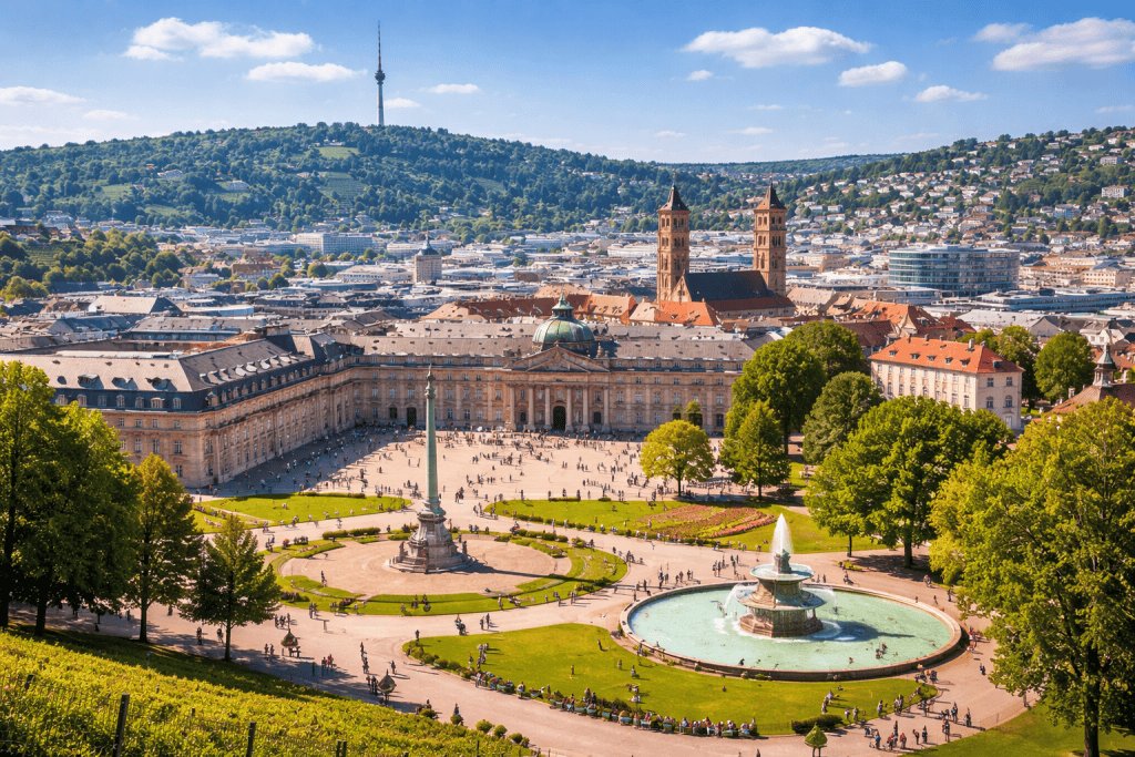 Schlossplatz Stuttgart mit Neuem Schloss, Grünflächen und Innenstadtblick