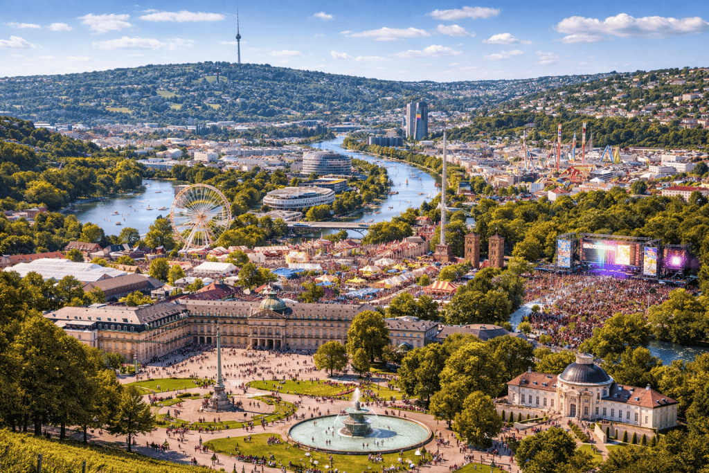 Schlossplatz Stuttgart mit Neuem Schloss, Grünflächen und Innenstadtblick
