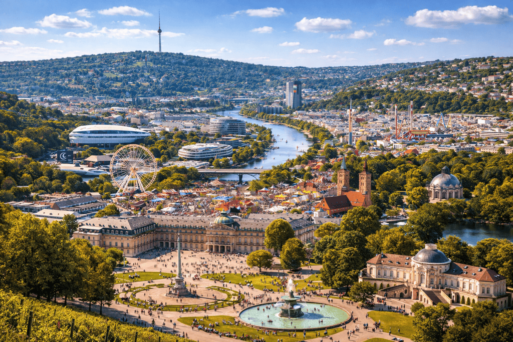 Schlossplatz Stuttgart mit Neuem Schloss, Grünflächen und Innenstadtblick