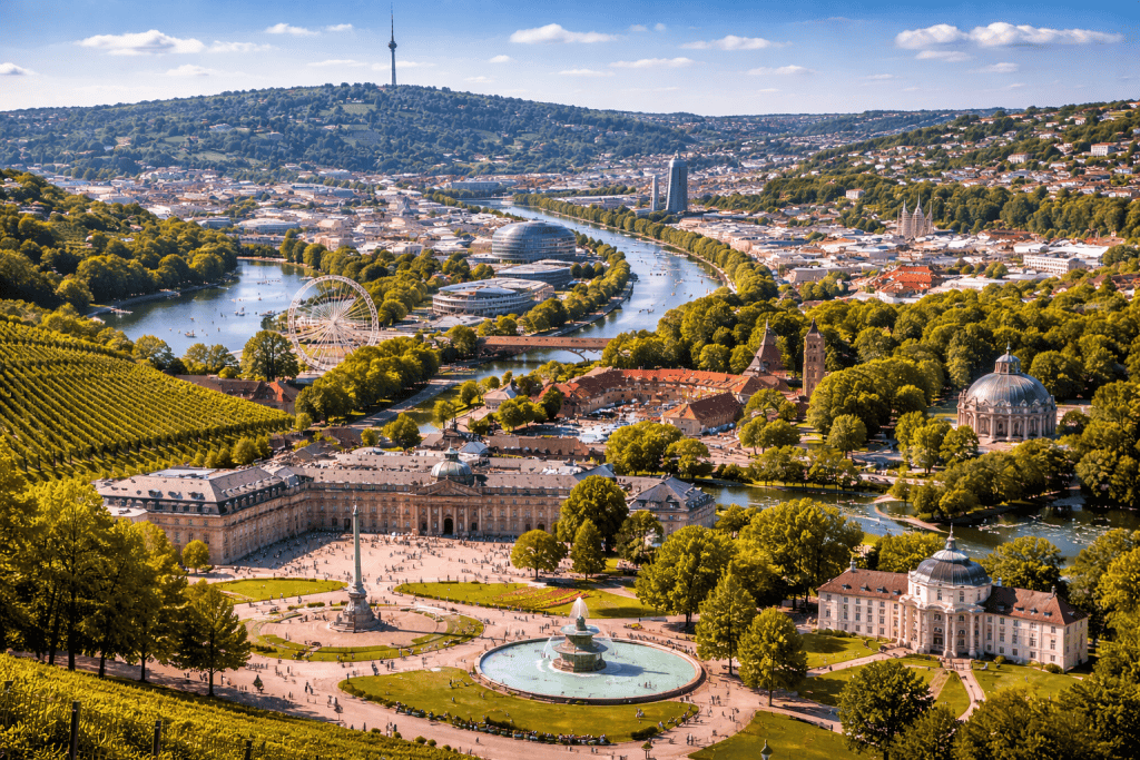 Schlossplatz Stuttgart mit Neuem Schloss, Grünflächen und Innenstadtblick