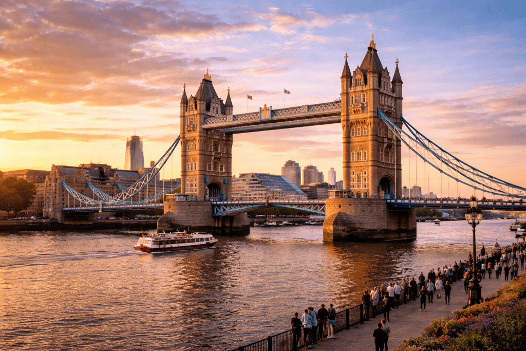 Tower Bridge in London mit Blick auf die Themse und Skyline