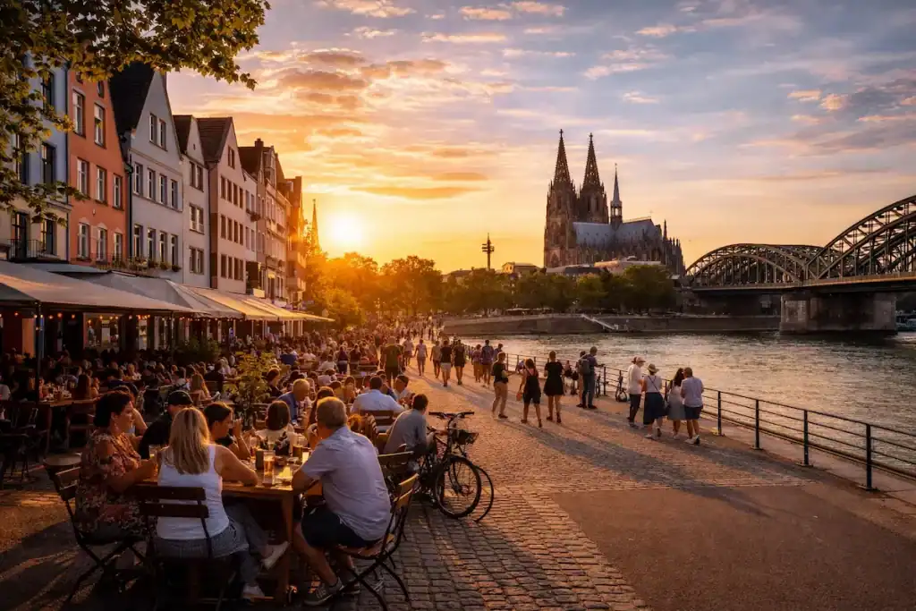 Essen am Rheinufer mit Blick auf die Rheinbrücke und den Kölner Dom