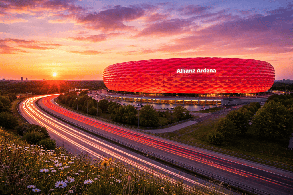 Allianz Arena in München mit beleuchteter Außenfassade