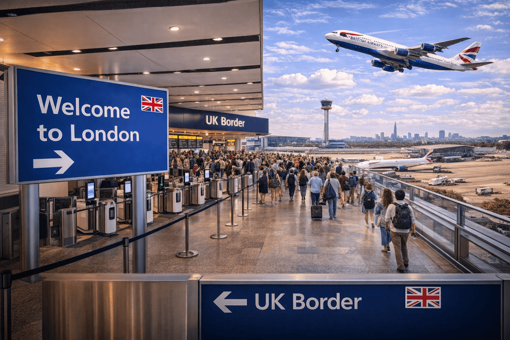 Ankunft in London mit Koffer, Flughafen und Stadtpanorama