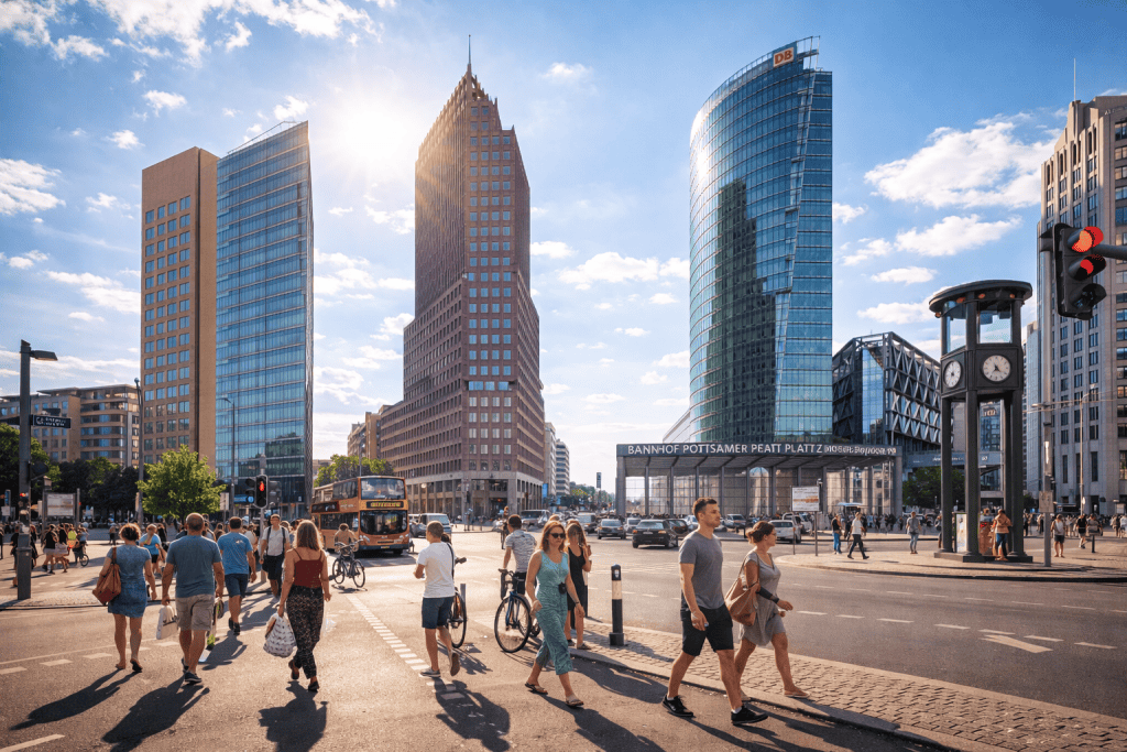Moderne Gebäude am Potsdamer Platz in Berlin bei warmem Abendlicht