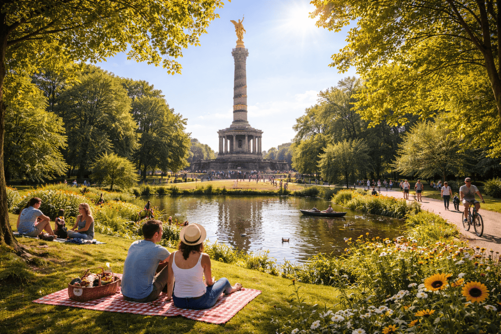 Grüner Parkweg im Berliner Tiergarten mit Bäumen und Spazierweg