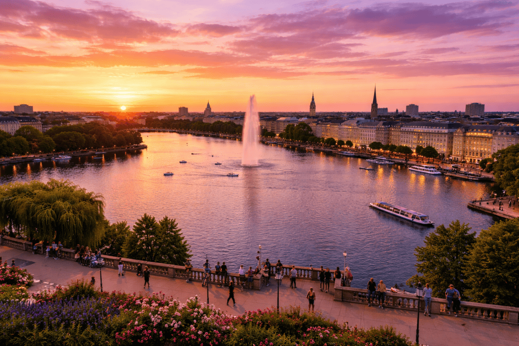 Binnenalster und Außenalster in Hamburg mit Wasserfläche und Stadtpanorama