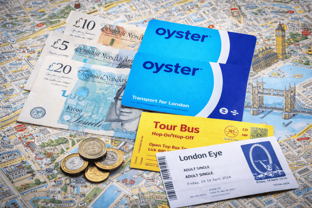 London Pass, Tickets und Reisebudget auf einem Tisch