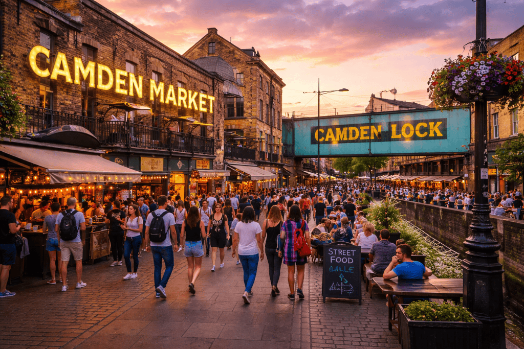 Belebte Straße in Camden mit Märkten, bunten Fassaden und urbanem Flair