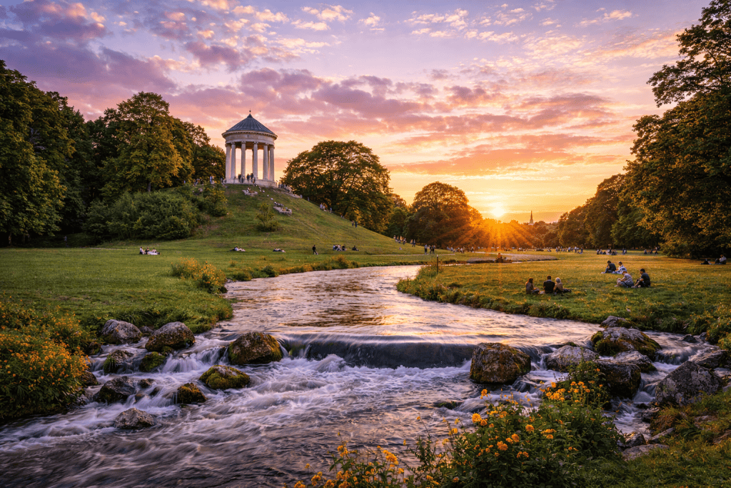 Englischer Garten in München mit grünen Wiesen und Eisbach