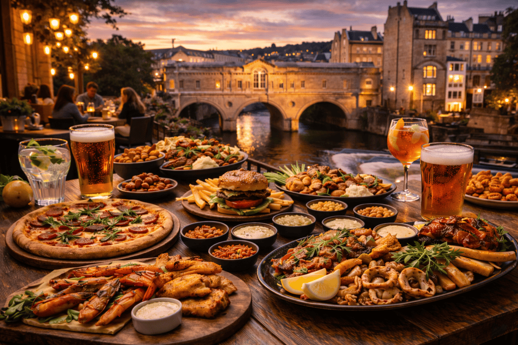 Gedeckter Restauranttisch in Bath mit umfangreichem Speisenangebot am River Avon