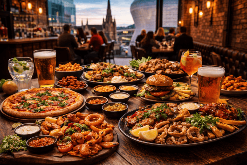 Essenstisch in einem Restaurant in Birmingham mit verschiedenen Gerichten und Blick auf das Stadtzentrum