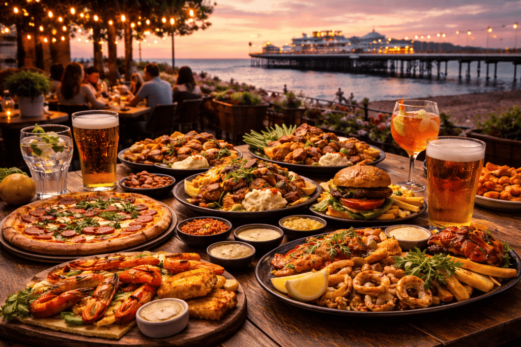 Gedeckter Tisch in einem Restaurant in Brighton mit vielfältigem Essen und Küstenatmosphäre