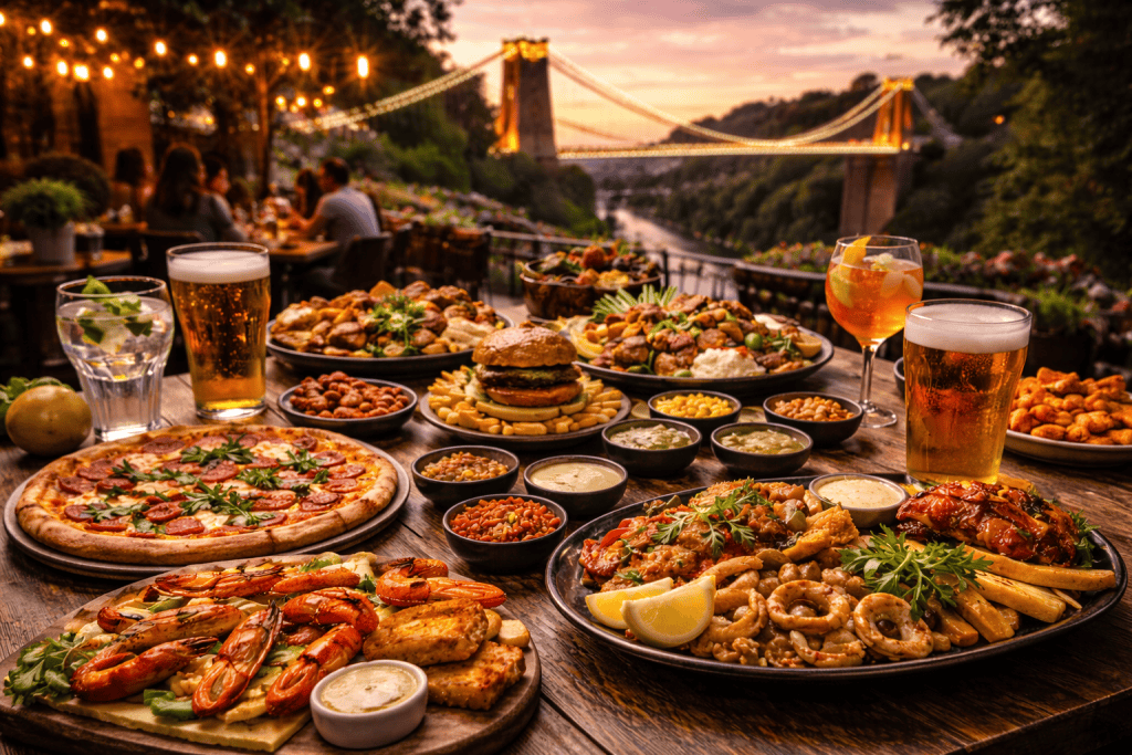 Restauranttisch in Bristol mit umfangreichem Speisenangebot und Blick auf die Avon-Schlucht