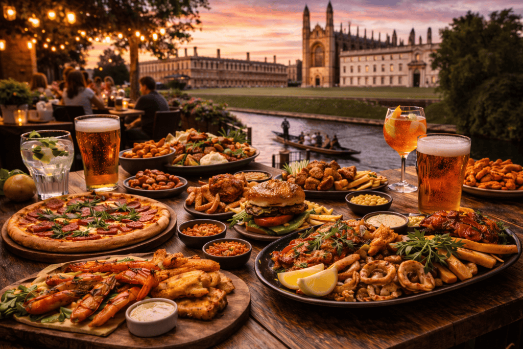 Essenstisch in Cambridge mit reichhaltigen Speisen und Blick auf den River Cam
