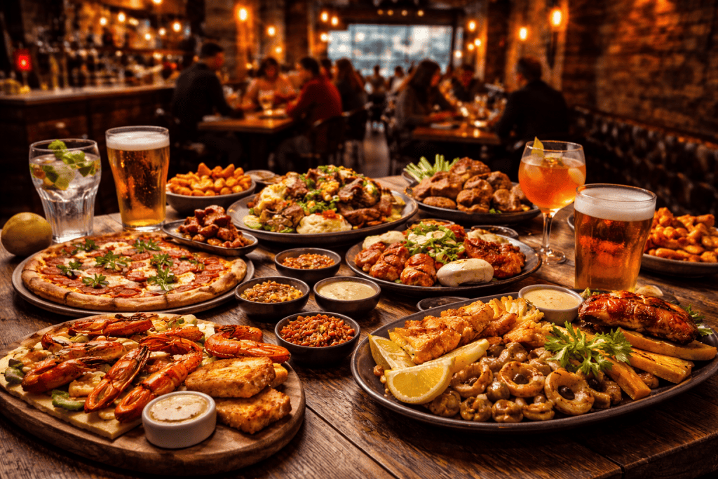 Restauranttisch in Liverpool mit reichhaltigem Essen, Getränken und urbanem Innenraum